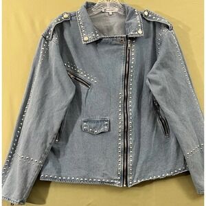 Lauriebelles Studded Denim Moto Jacket Womens Large Zip Up Blue Biker Large